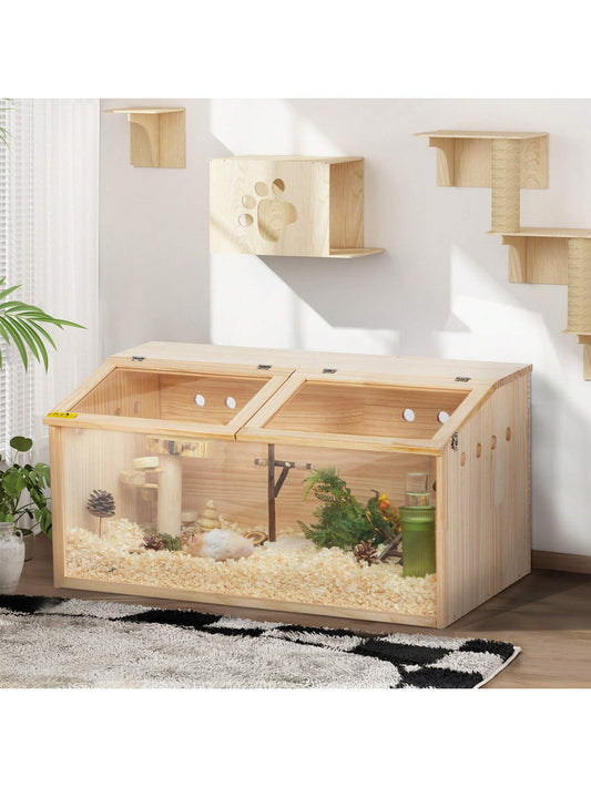 Chew-Proof Wooden Hamster Cage - Ventilated Habitat with Acrylic Windows, Easy-Clean Design for Gerbils & Mice