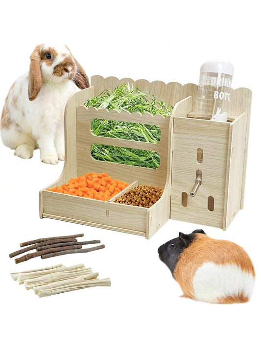 Rabbit Feeder, Guinea Pig Feeder, Hay Feeder with Water Bottle, Hay Rack and Food Separator, Wooden Hamster Feeder for Rabbits
