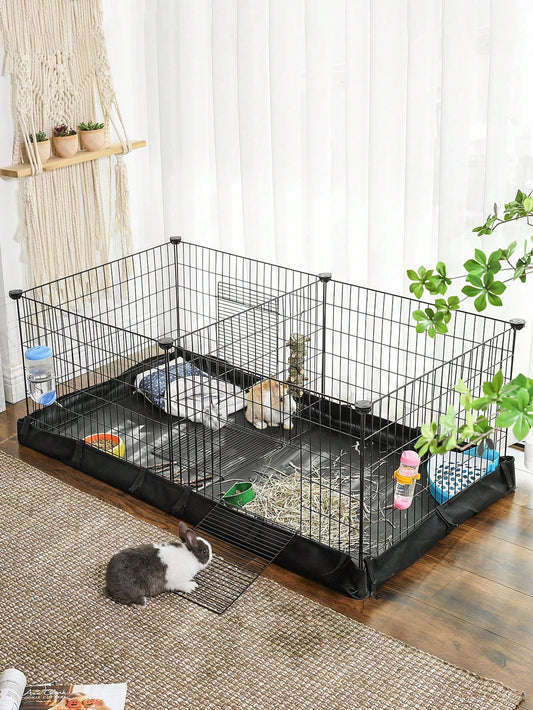 SONGMICS Guinea Pig Cages, Metal Grid Small Animal Playpen with Waterproof Washable Liner, 2 Separate Spaces for Rabbits, Ferrets, Bunnies, Hedgehogs, 48.4 X 24.8 X 18.1 Inches, Black