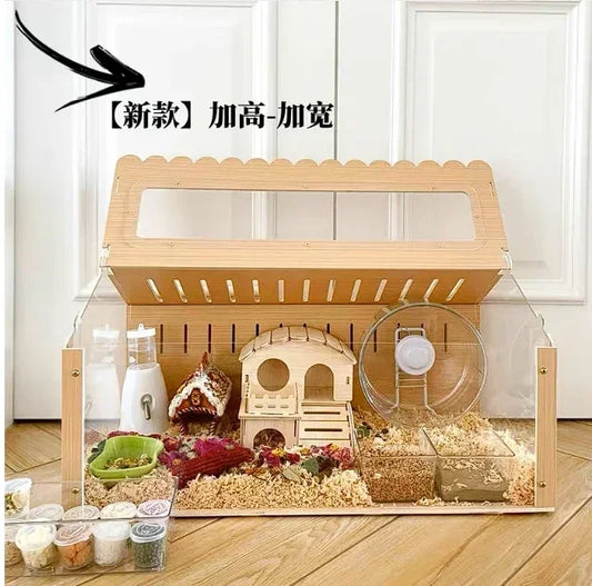Natural Wood Hamster Cage Wooden Hamster Houses with Acrylic for Gerbil, Syrian Hamster, Chinchillas