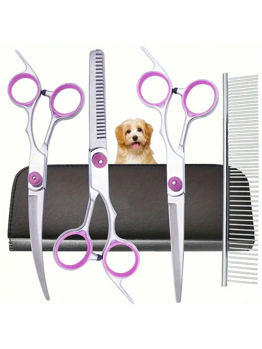 6-In-1 Professional Dog Grooming Scissors Set with Curved Shears & Comb - Stainless Steel, Right-Handed PET Haircut Kit for Dogs and Cats