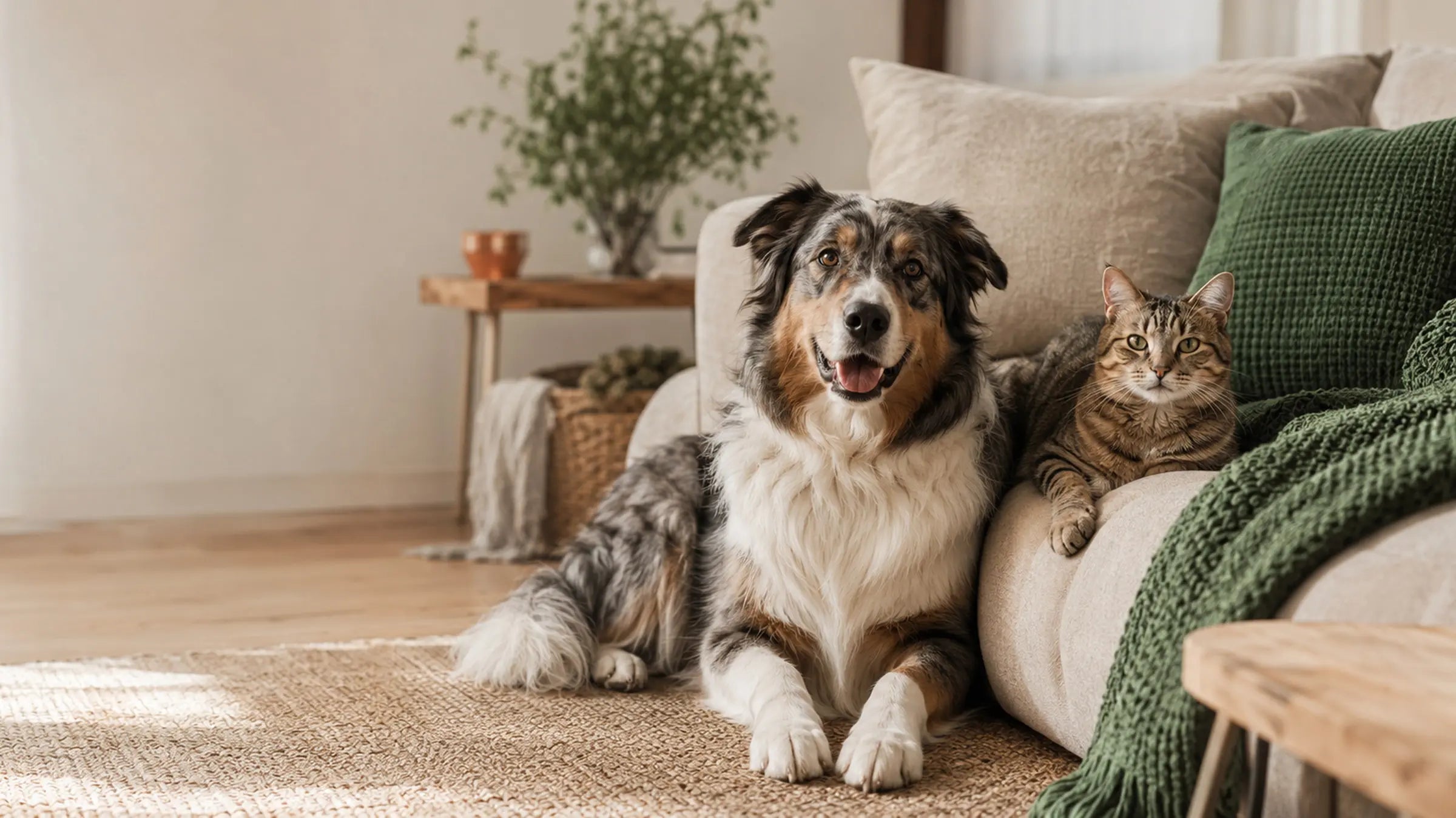 A dog and cat relaxing together in a warm, lived-in home