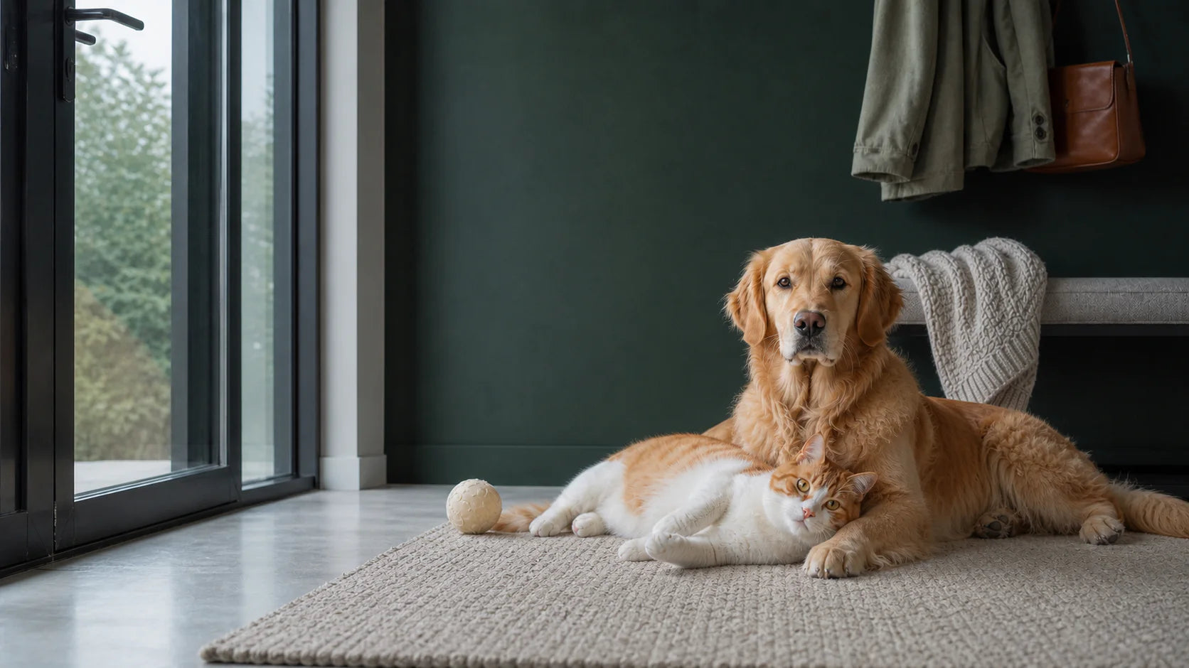 Golden retriever and orange-and-white cat resting together near a ball