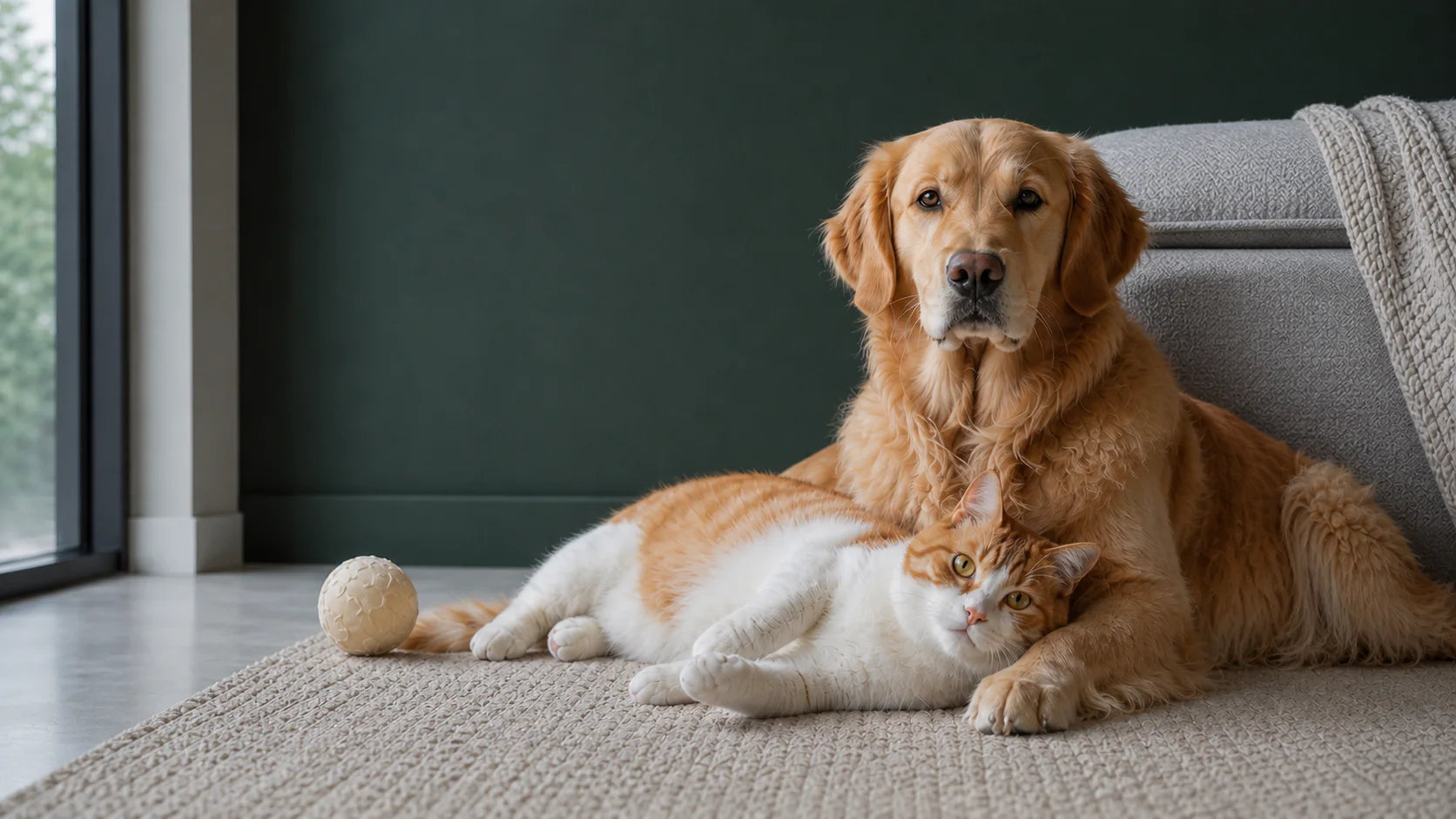 Golden retriever and orange-and-white cat settled together beside a sofa