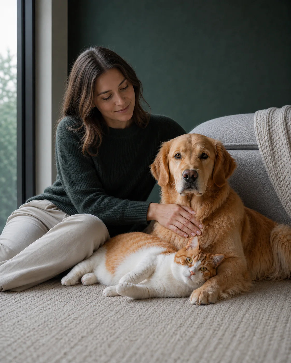 Pet owner seated calmly with a golden retriever and orange-and-white cat