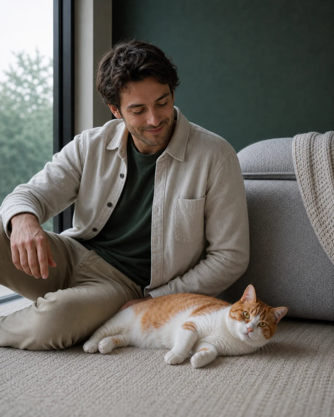 Pet owner seated calmly beside an orange-and-white cat